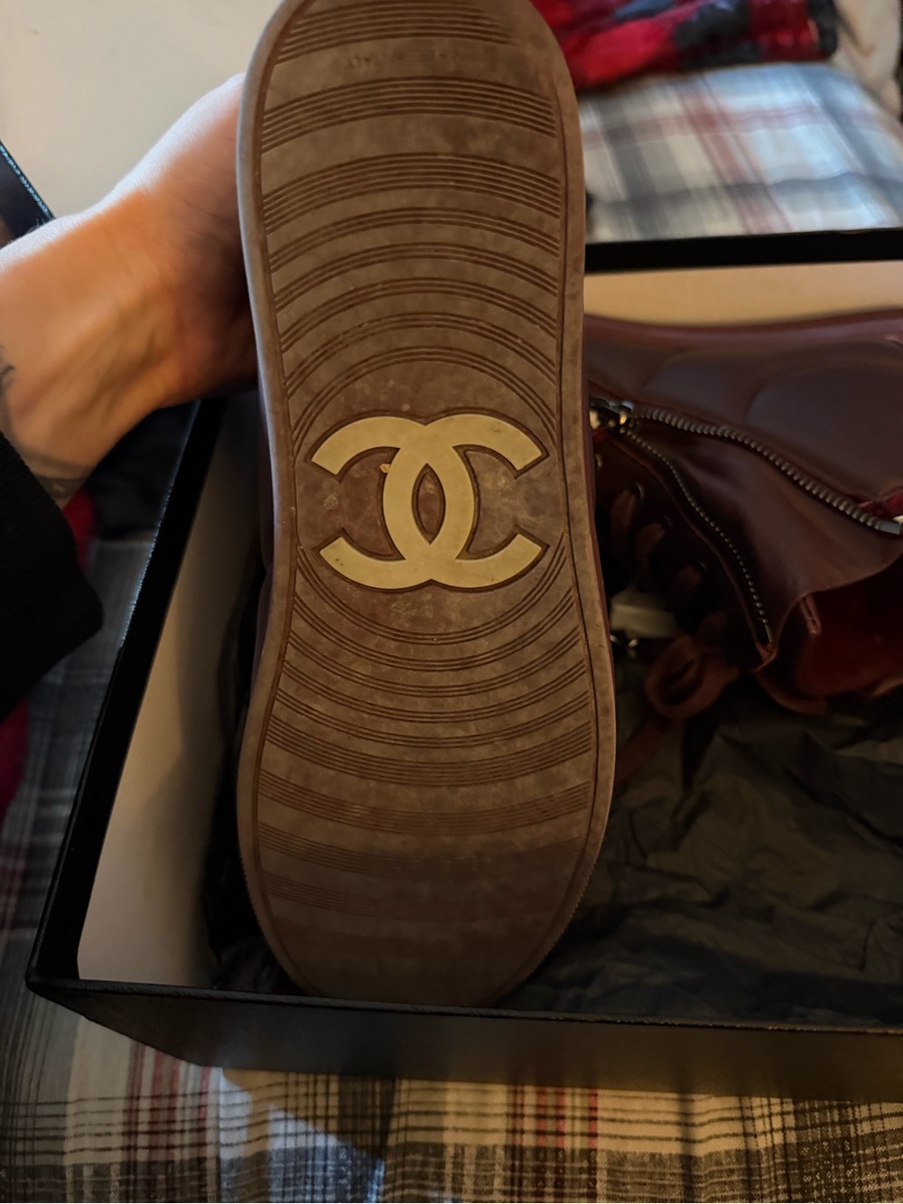 CHANEL Burgundy Quilted Tweed-Trim High Top Sneakers - Picture 3 of 4